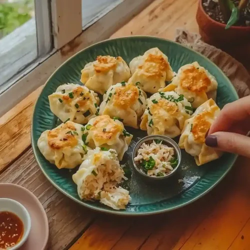 Crab Rangoon Bombs: Easy Appetizers with Asian-Inspired Flavor 3 Golden-brown crab rangoon bombs photo 24 on a sage green platter with sweet chili dipping sauce and one cut open to show creamy crab filling
