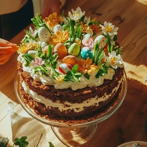 Easter Dirt Cake Casserole: Playful Spring Dessert Kids Love 3 Homemade Easter dirt cake casserole with chocolate cookie crumbs, creamy filling, and spring decorations in glass trifle dish