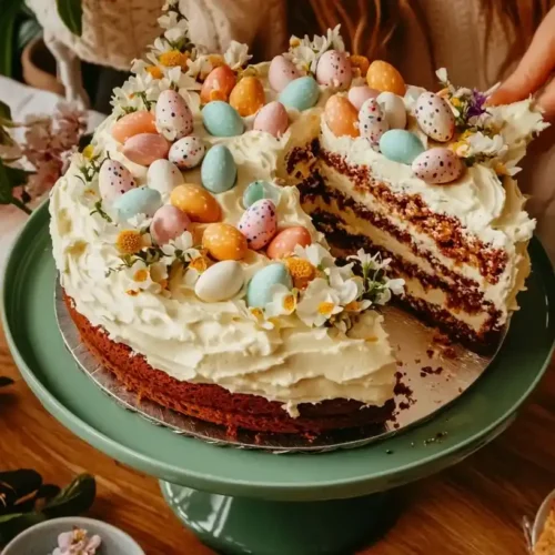 Easter Poke Cake: Colorful Spring Dessert with Festive Flair 3 Homemade Easter poke cake with colorful pastel filling and white frosting on green cake stand with spring decorations
