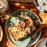 Perfect flourless banana bread slice showing moist texture, a quick and easy gluten-free breakfast option for busy families