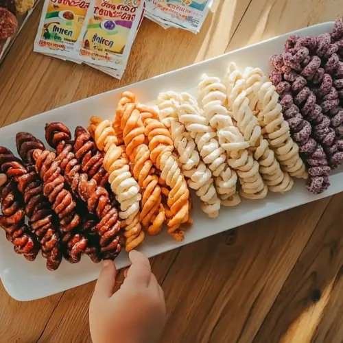 Homemade Kool-Aid Licorice Ropes: Vibrant Candy Kids Love to Make 3 Colorful homemade kool-aid licorice ropes photo 012 in red, blue, purple and yellow arranged on white platter with child reaching for one