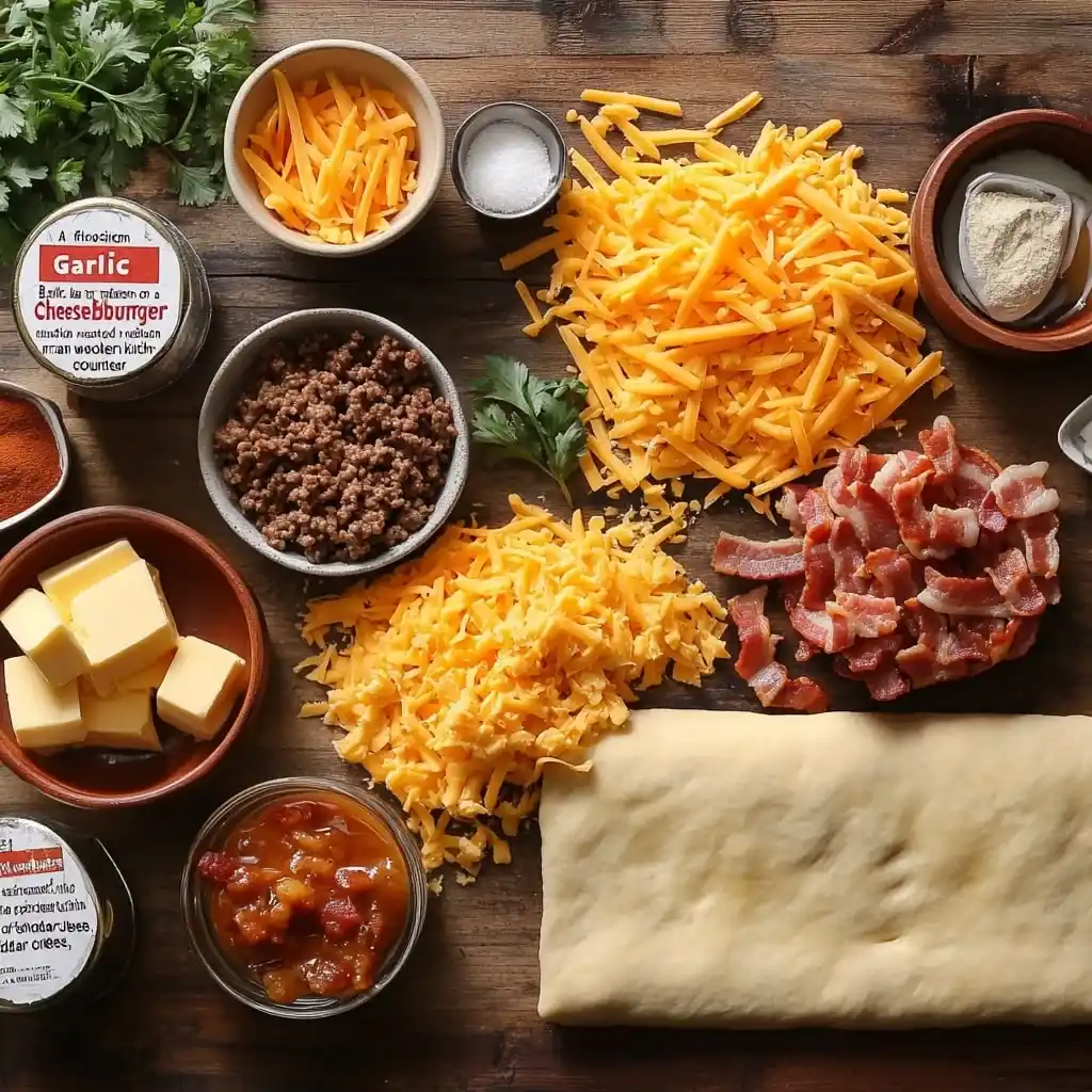 Garlic Butter Bacon Cheeseburger Rollups Recipe 2 Flat-lay of ingredients for Garlic Butter Bacon Cheeseburger Rollups, including cooked beef, cheddar cheese, bacon, pizza dough, garlic butter, and parsley.