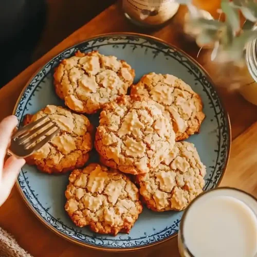 Peanut Butter Cookies: Classic Comfort with a Soft, Chewy Center 3 Homemade peanut butter cookies with classic fork marks and soft centers on a blue plate with milk