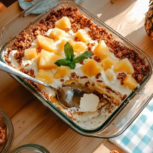 Pineapple Pretzel Salad : The Perfect Sweet-Salty 3 pineapple pretzel salad photo 017 with layers of pretzel crust, cream cheese filling, and pineapple topping in a glass baking dish