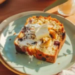 Slice of ultimate banana bread recipe with melting butter showing its perfectly moist texture and golden crust.