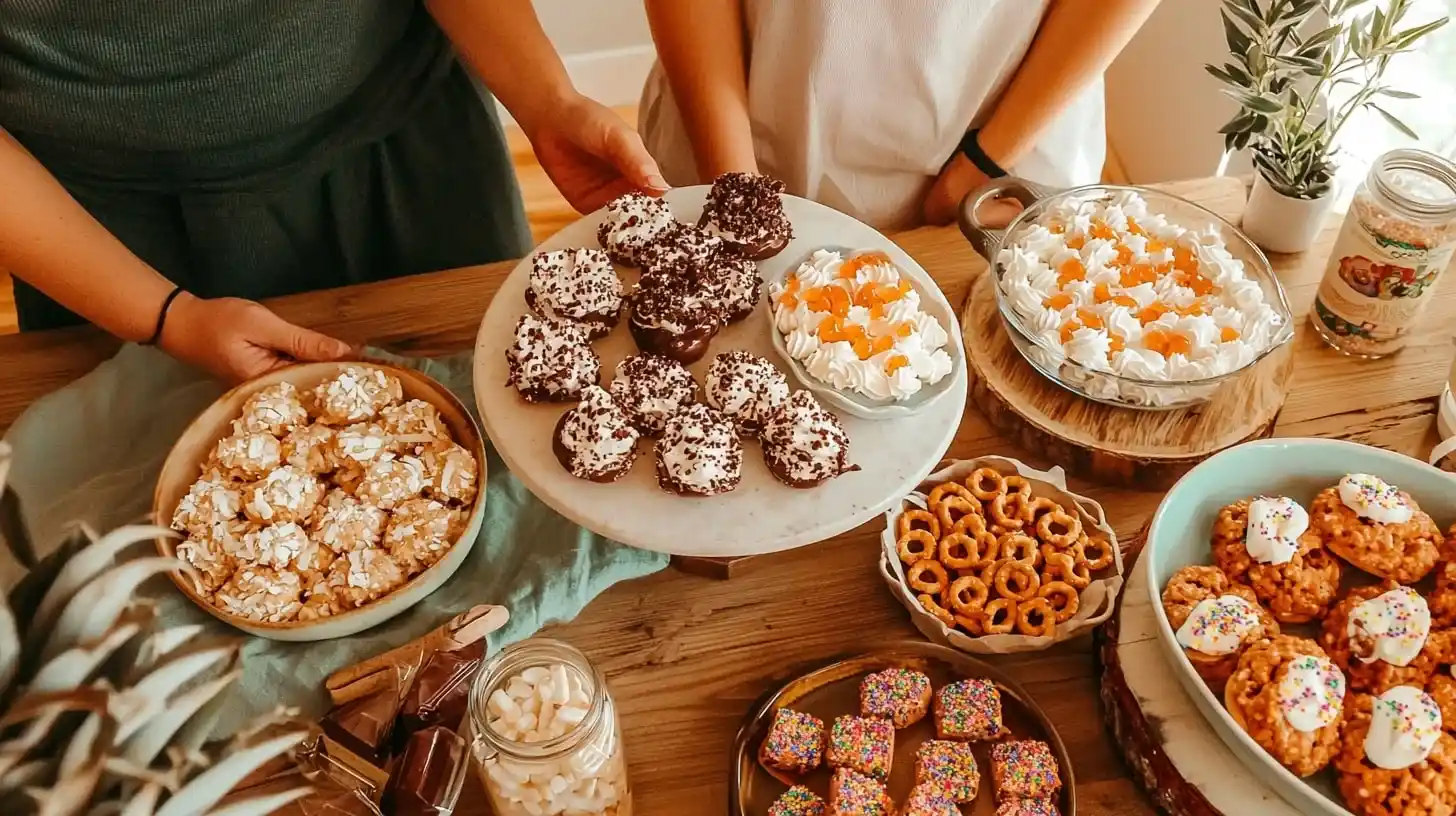 Secondary Pillar Articles no-bake and quick treats including rice krispies treats, magic bars, and homemade licorice with mother and son preparing desser
