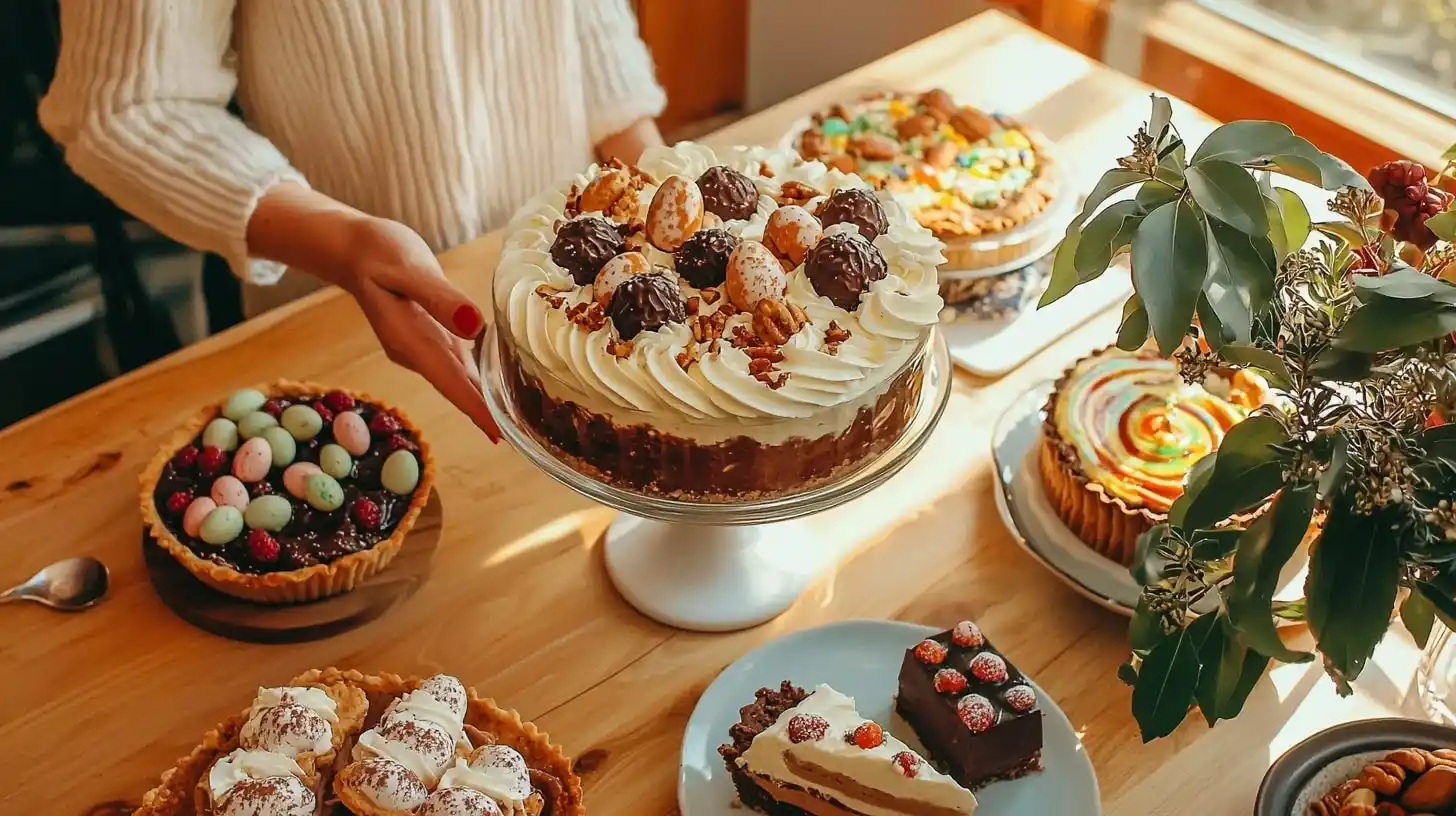Secondary Pillar Articles special occasion desserts including chocolate trifle, truffles, pecan pie and Easter swirl pie with mother and daughter decorating
