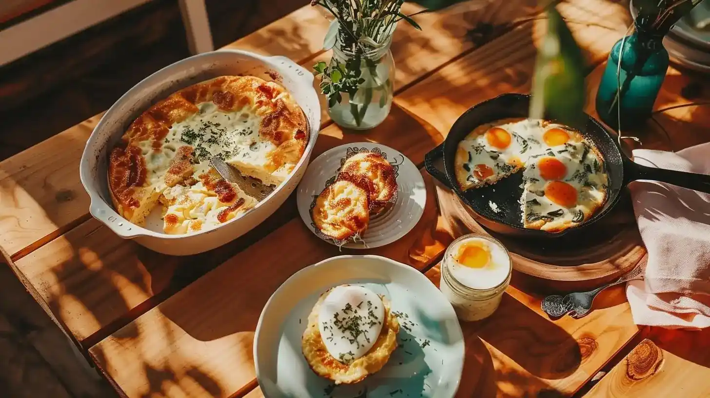 secondary pillar protein-packed egg breakfasts including cottage cheese egg bake, vegetable frittata, and egg muffins on a rustic wooden table