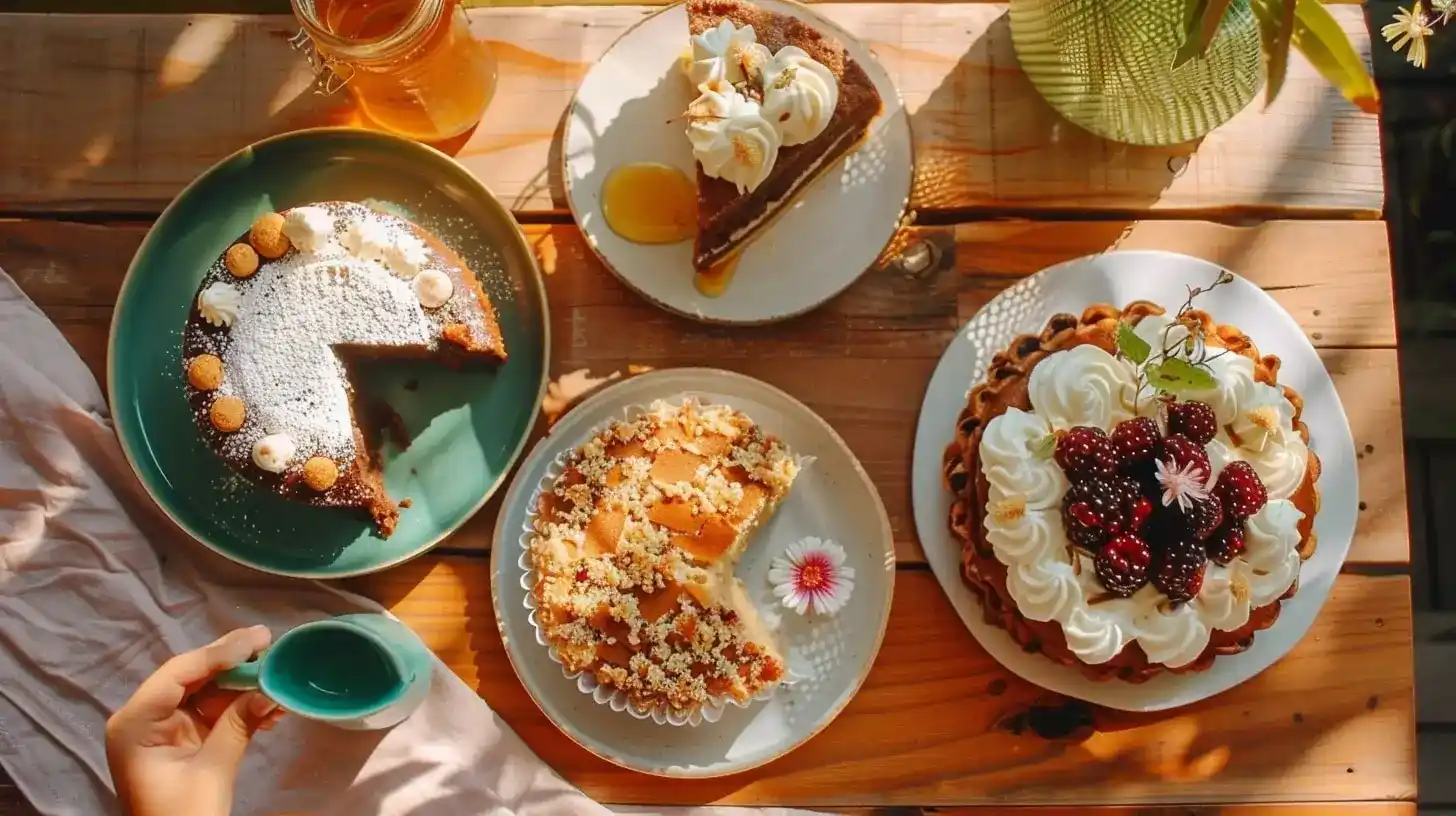Variety of homemade secondary pillar sweet breakfast treats including chocolate cake and spiced cake served on a rustic table for special family mornings