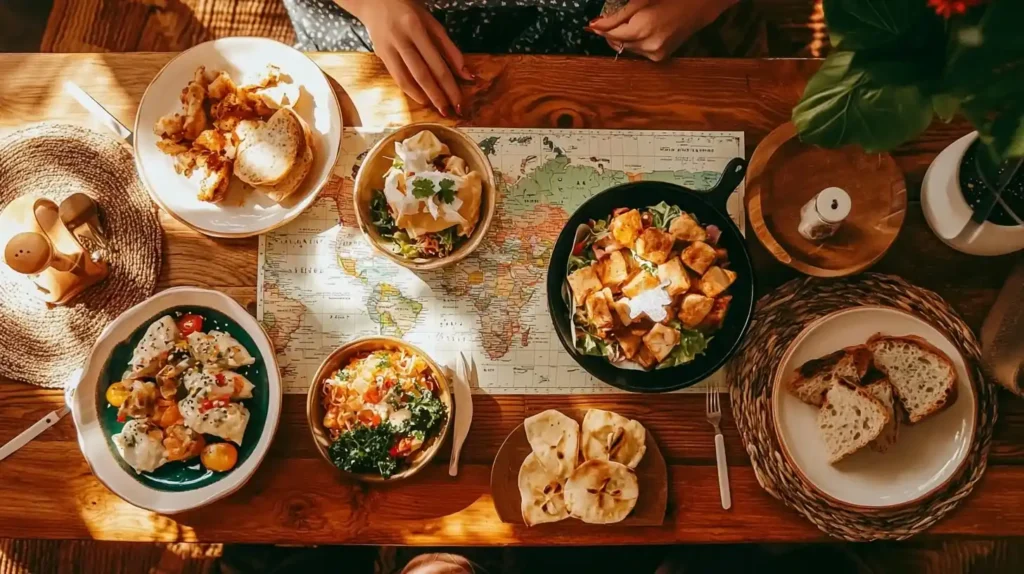 International Lunch Inspirations: Global Flavors Made Simple 2 Family 'International Lunch Day' setup with four country-themed place settings featuring salmon nigiri, chicken fajitas, cheesesteak tortellini, and a European sandwich around a world map placemat
