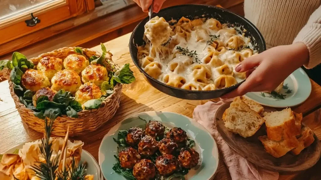 Comfort Food Lunches: Cozy Classics with a Twist 2 Family sharing comfort food lunch including philly cheesesteak tortellini, meatballs, cheesy biscuits and bologna salad on rainy day in cozy farmhouse kitchen