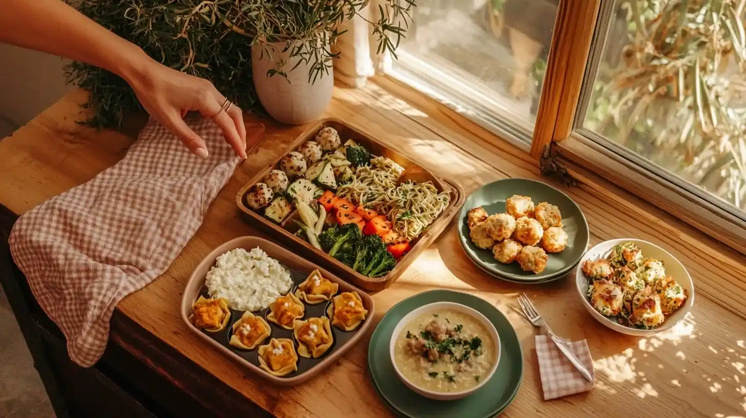 family-friendly lunch recipes spread featuring colorful vegetable tray, cottage cheese egg muffins, meatballs, and soup on rustic wooden table