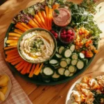 fresh vibrant lunch ideas spread featuring colorful vegetable tray, escarole soup, blue raspberry lemonade, and chicken fajitas on rustic wooden table