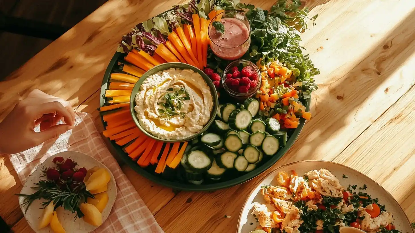 fresh vibrant lunch ideas spread featuring colorful vegetable tray, escarole soup, blue raspberry lemonade, and chicken fajitas on rustic wooden table