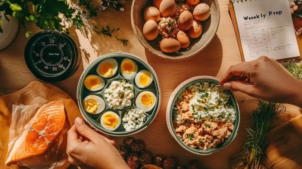 Quick Protein-Rich Lunches: Energizing Meals in Minutes 2 Overhead view of protein meal prep with cottage cheese eggs, salmon, meatballs and bologna salad being packed into compartmentalized containers. image of a quick protein meal prep session in progress