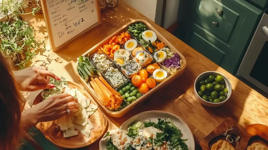 Fresh & Vibrant Lunch Ideas: Colorful & Nutritious Options 2 Mother and daughter preparing colorful bento lunch box with rainbow vegetables, naturally blue eggs, and fresh fruits in bright farmhouse kitchen.nutritious foods can create meaningful family connections