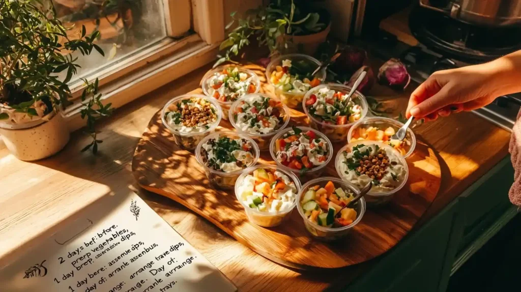 Party & Gathering Lunch Solutions: Crowd-Pleasing Favorites 2 Mother and children preparing individual serving cups of party foods including layered dip, pasta salad and fruit parfaits with organized preparation schedule visible