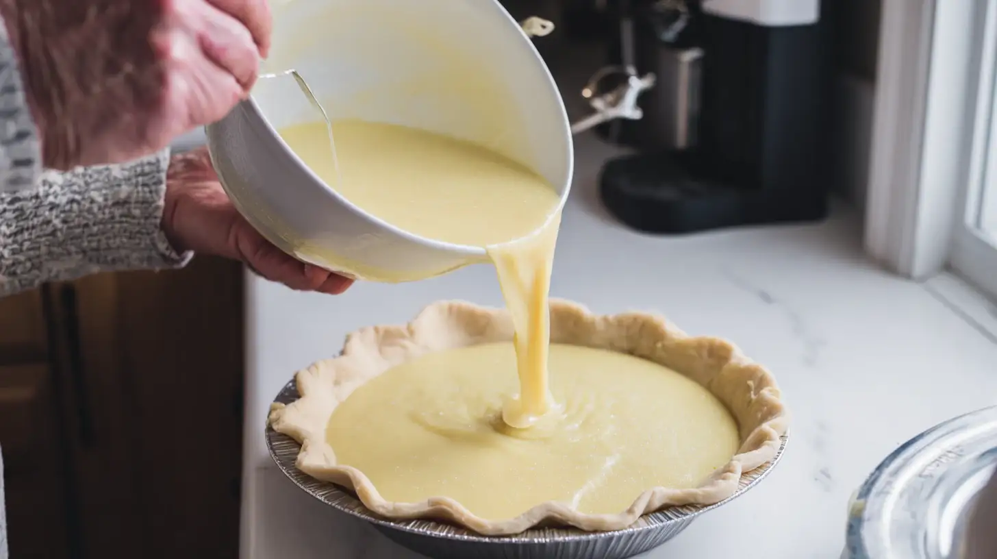 Egg Custard Pie Recip Estep Pouring Egg Custard Pie Recipe filling into pie crust