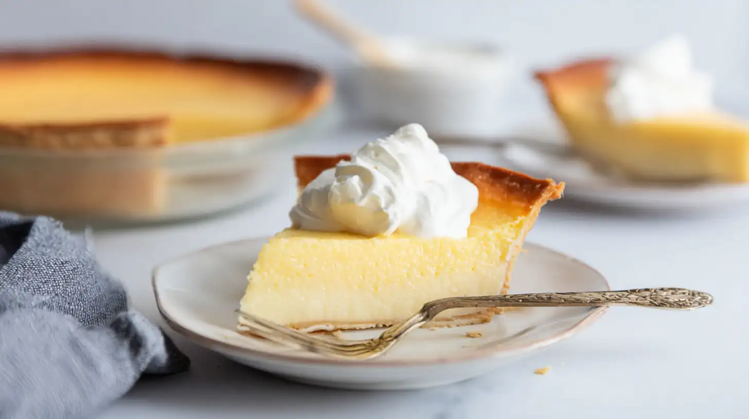Egg Custard Pie Recipe Served Slice of Egg Custard Pie Recipe on dessert plate