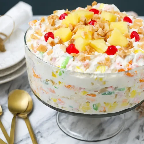 Pineapple Fluff Salad – Sweet & Creamy No-Bake Favorite 2 Final pineapple fluff salad in trifle bowl
