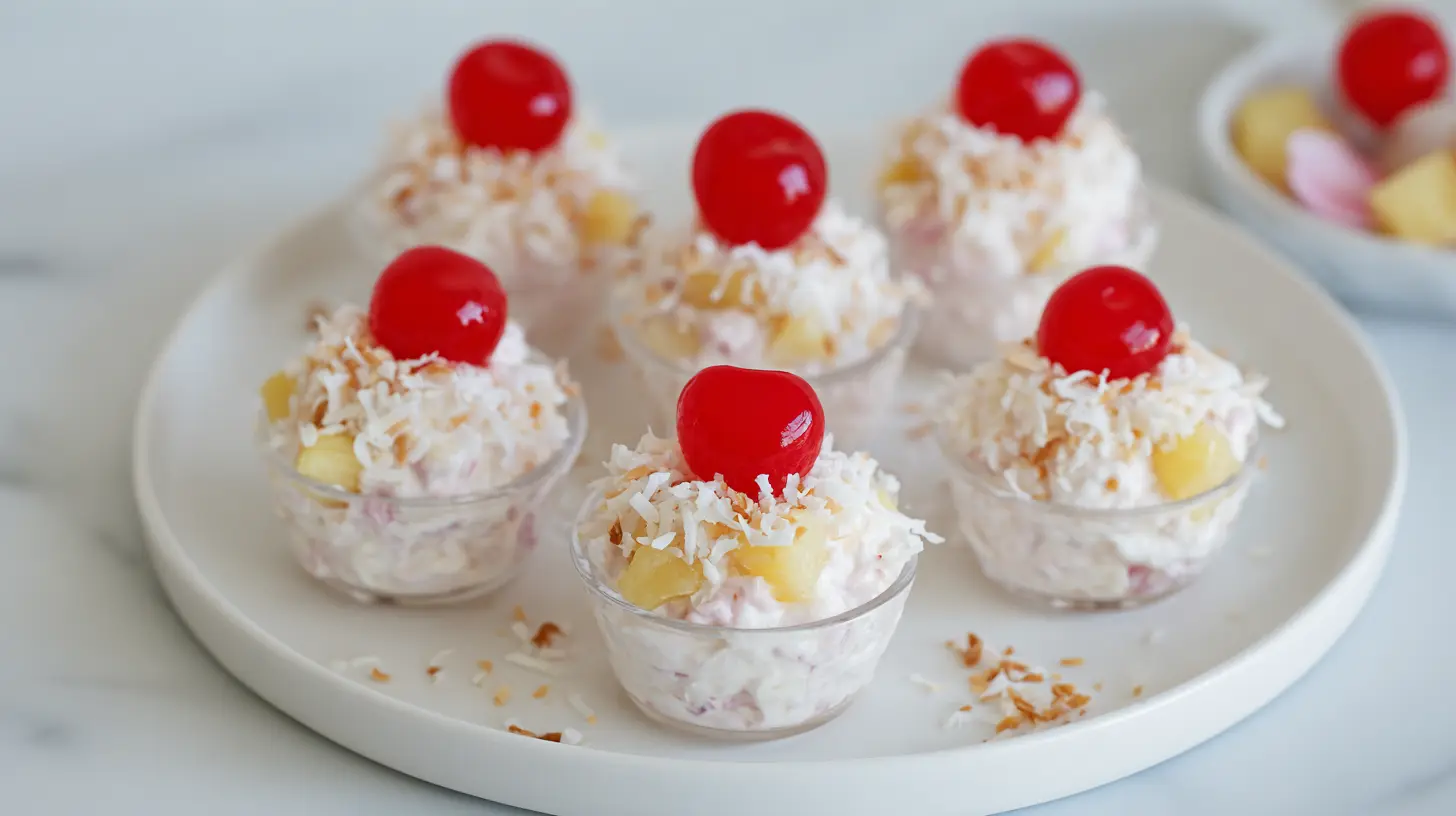 Pineapple Fluff Salad Served Pineapple fluff salad in individual dessert cups