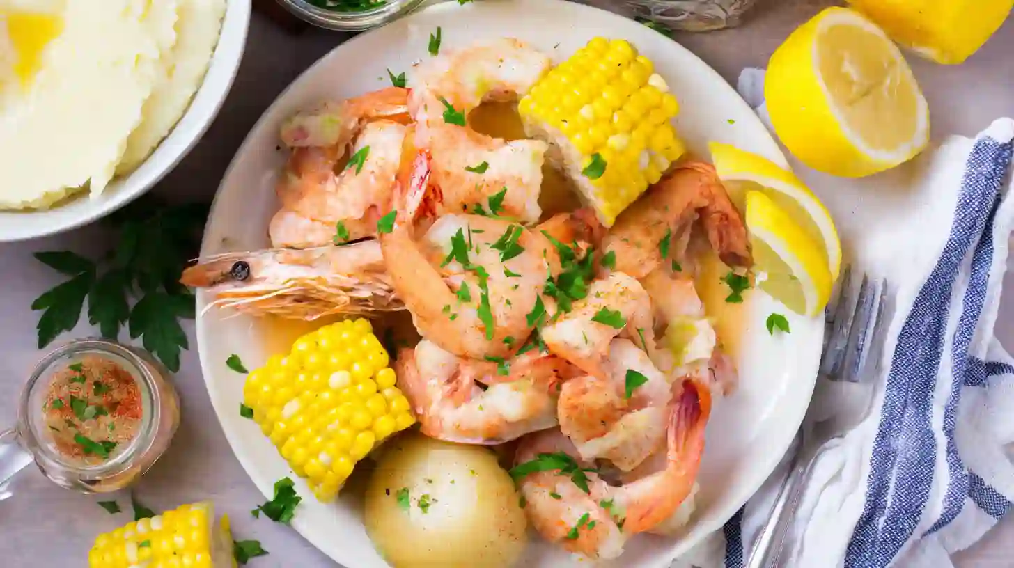 Sheet Pan Shrimp Boil Served Plated sheet pan shrimp boil with lemon and herbs