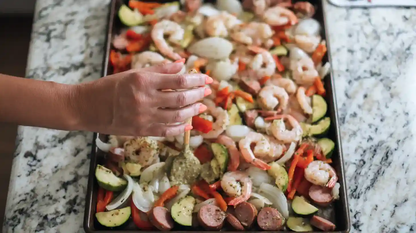 Sheet Pan Shrimp Boil Step Basting butter onto sheet pan shrimp boil before baking