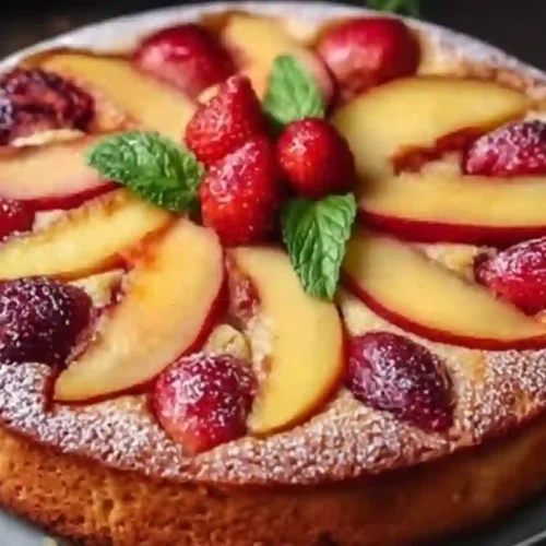Strawberry Peach Cake – Light, Fresh & Fruity Summer Dessert 2 Baked strawberry peach cake in pan