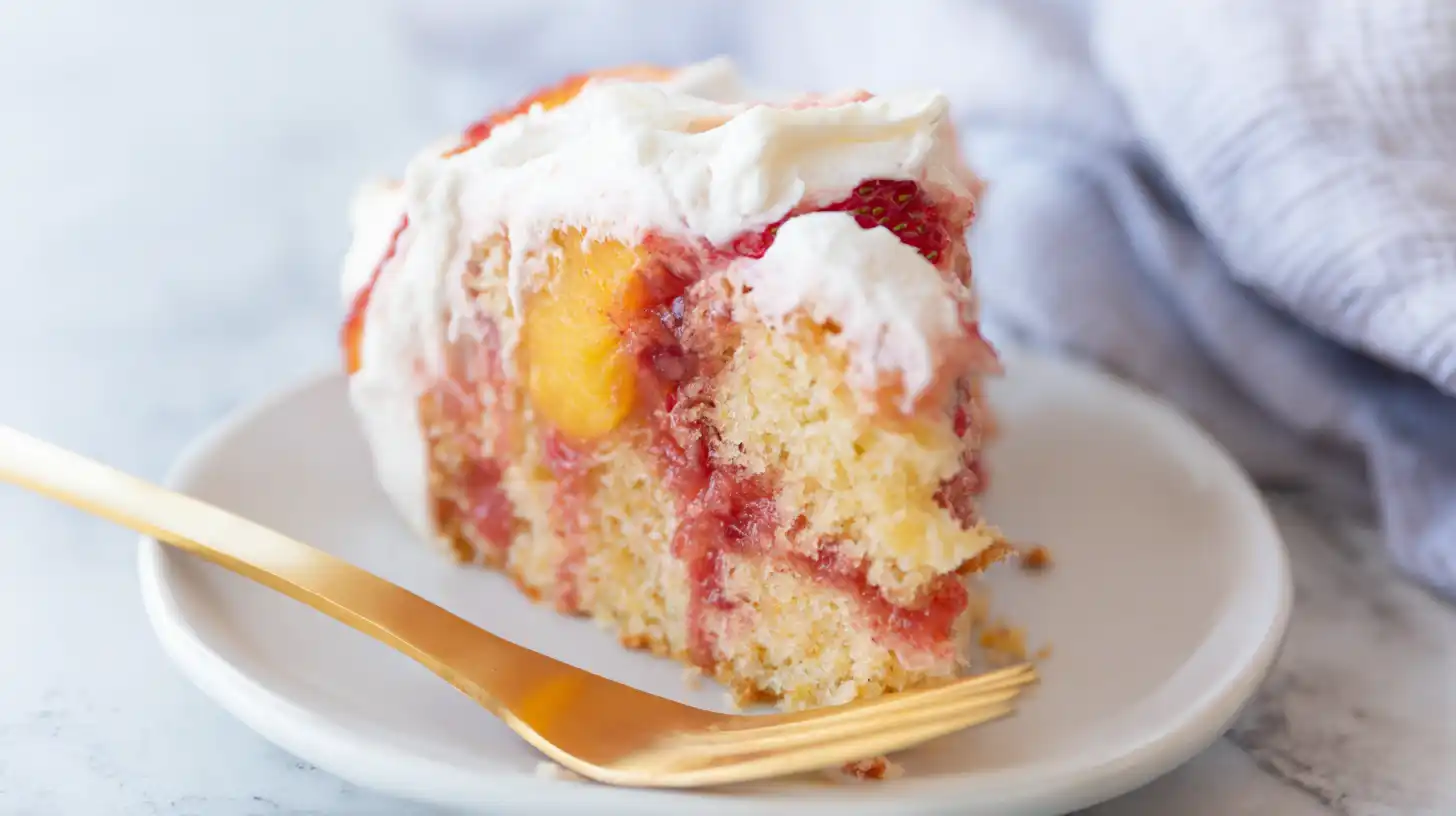 Strawberry Peach Cake Served Single slice of strawberry peach cake served